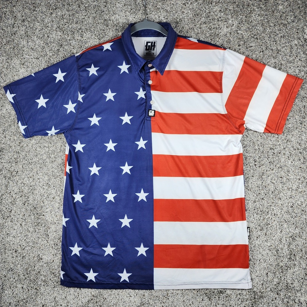 Greatness Hits Polo Shirt Mens Medium American Flag Stars Stripes Excellent